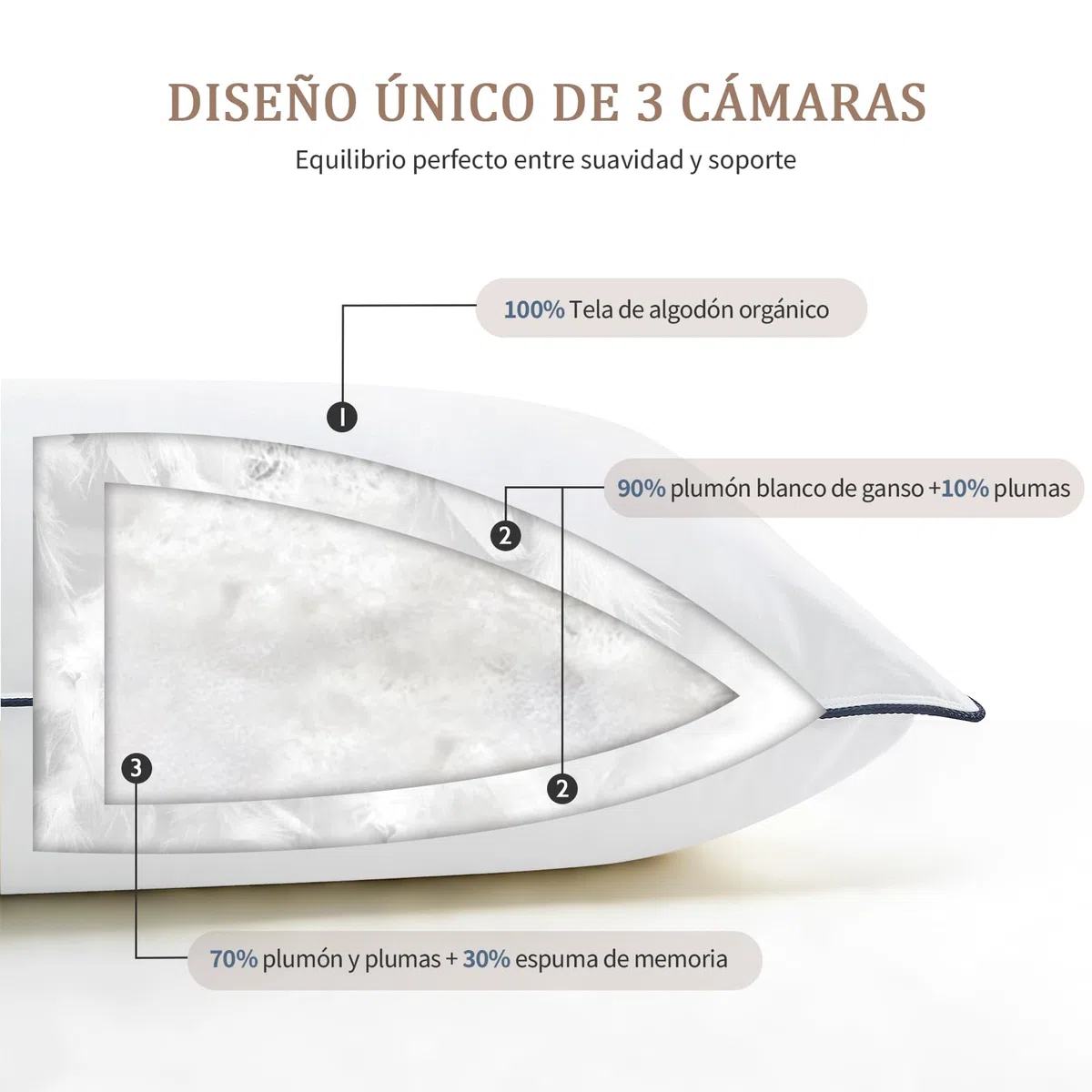 DWR Almohada de Plumón 50x75 cm (2 Unidades) | 3 Cámaras | 90% Plumón de Ganso Blanco Exterior | Mezcla de Plumas Interior | 100% Algodón Orgánico | Soporte Medio | RDS y Oeko-Tex