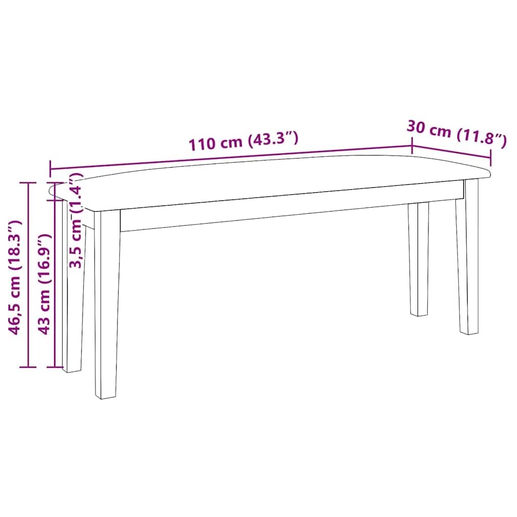 vidaXL Banco 110 cm Madera Maciza Caucho Blanco, Banco, Silla de Banco, sofá de Banco, Asiento de Banco, Asiento de Banco, Banco de Interior