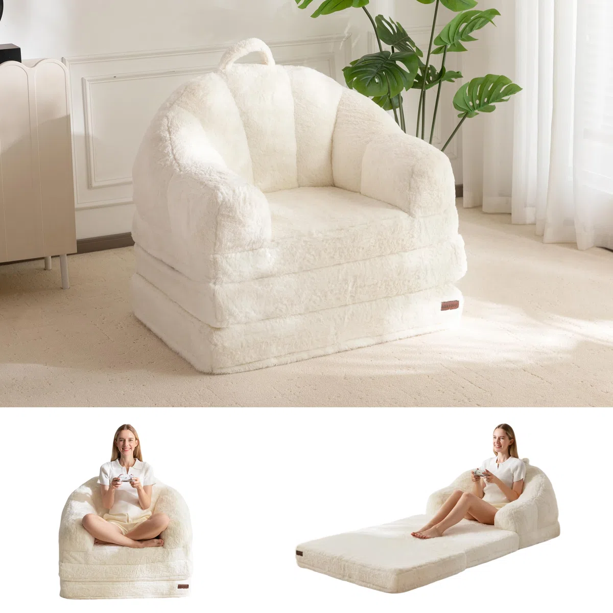 MAXYOYO Sofá Cama Plegable, Cómodo Tapizado de Piel Sintética, Sofá Convertible de Suelo con Asa, Sillón Puf Individual para Adultos, Sillón Cama para Sala de Estar o Dormitorio | Sofá convertible de piel sintética con asa para adultos, para sala de estar