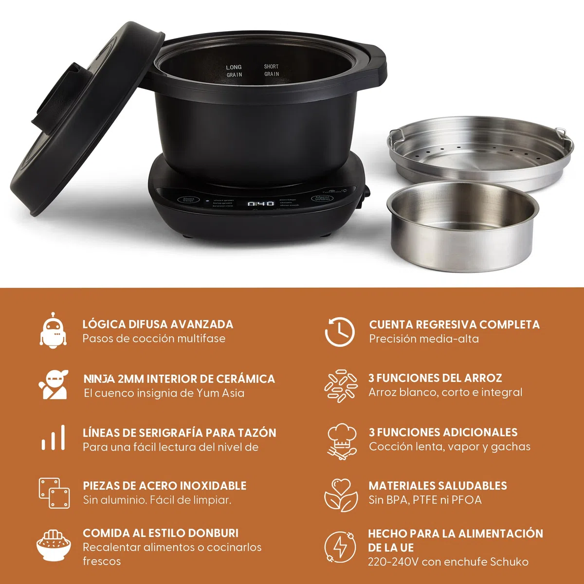Yum Asia Kotori Mini olla de arroz Donburi con lógica difusa avanzada, cuenco de cerámica ninja (1 taza, 0,18l), 3 funciones de arroz, 3 funciones multicocina, pantalla LED, 220–240V (Negro antracita)