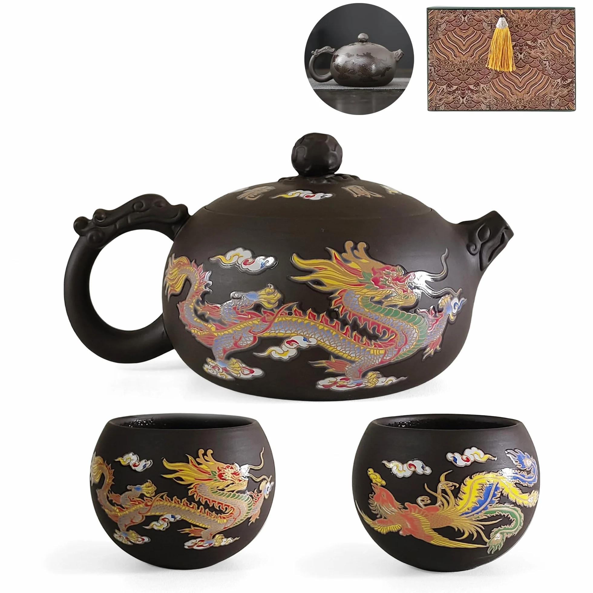 Juego de Tetera Yixing Zisha 450ML, Grande Tetera China de Arcilla con Caja de Regalo, Servicio de Té Que Cambia de Color Kung Fu con 2 Tazas, Dragón y Fénix
