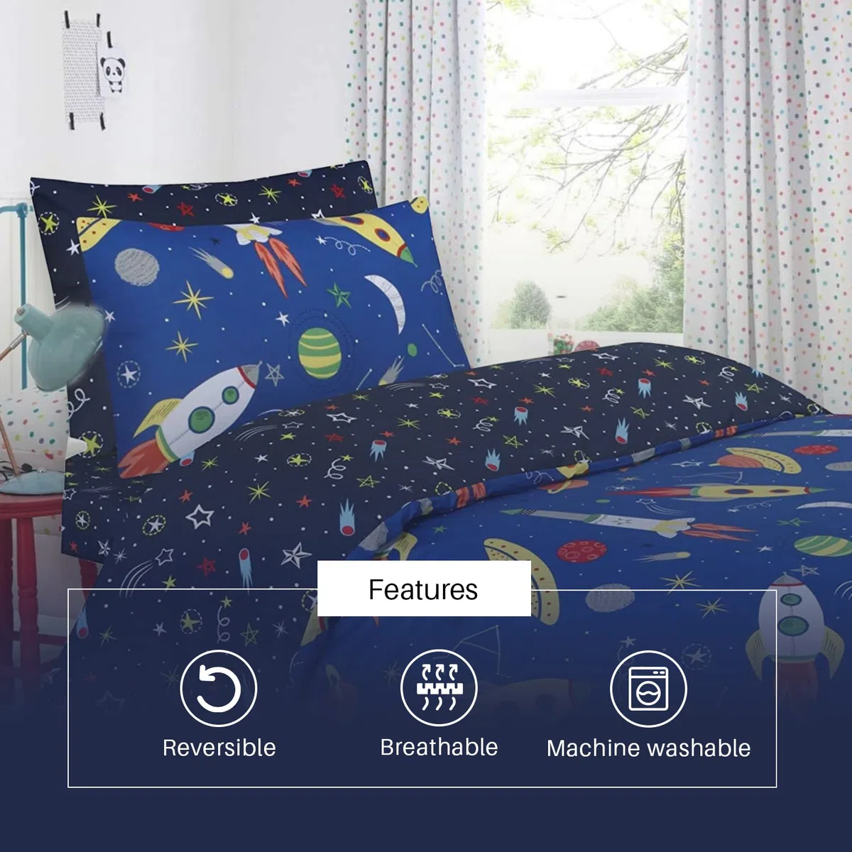 Indus Textiles Juego completo de funda de edredón para niños y niños, sábana bajera ajustable y fundas de almohada a juego, 100% algodón suave, reversible, azul espacial, juego completo individual