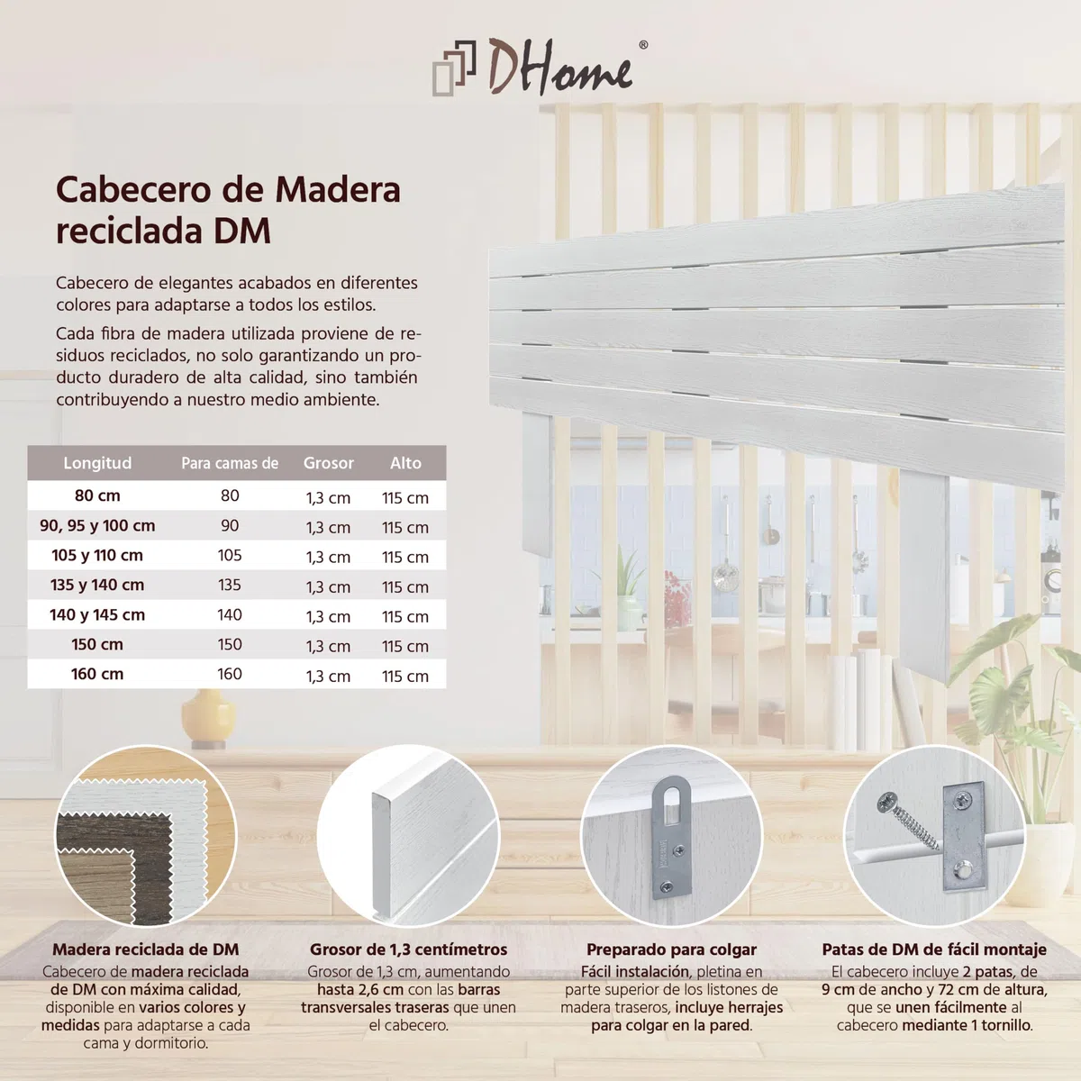 DHOME Cabecero de Madera reciclada DM con Patas Estilo Palet Horizontal Cama Palets Herrajes incluidos (Blanco Madera, 135cm)