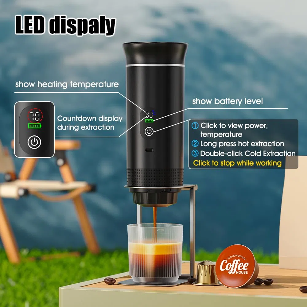 Cafetera Portátil Espresso con Calentamiento Rápido | USB-C | Máquina de Café Portátil Automática 3 en 1 muy fácil de usar | Ideal para Viajes, Oficina y Camping (PRO 80ML LED)