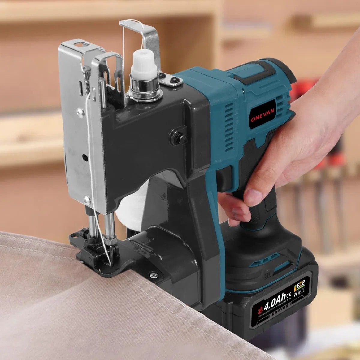 ONEVAN Cosedora de Sacos bolsas eléctrica, Motor de cobre 210 W, 2 Baterías 4.0Ah, kit de máquina de coser, grosor de costura 8-15 mm, para bolsas de tela, yute y papel kraft, Apto para la Agricultura