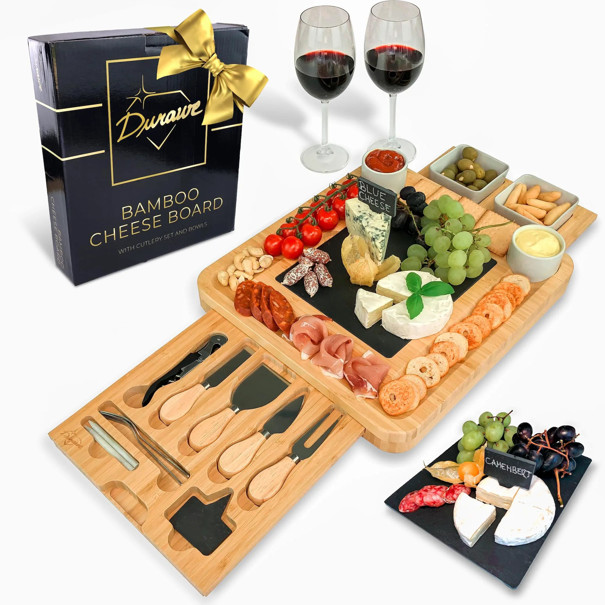 Set Tabla de Queso de Bambú y Cuchillos, Cuencos de Cerámica y Abrebotellas – Bandeja Queso 100% Madera Orgánica, Tabla Charcutería