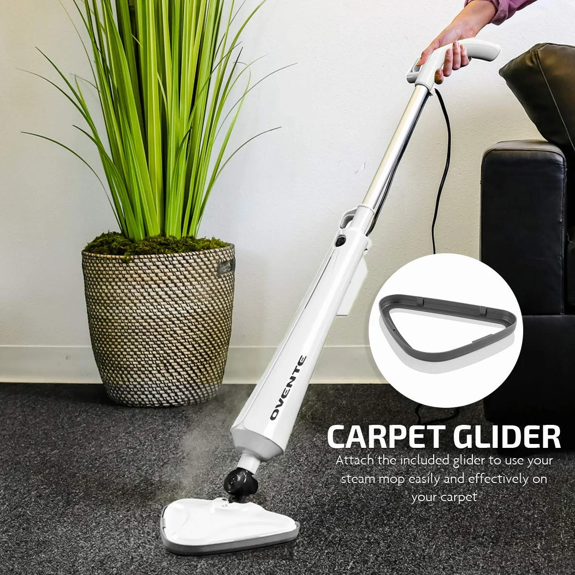 OVENTE Limpiador eléctrico a vapor, vaporizador de 1300 W para limpiar azulejos y suelos de madera dura con cabezal giratorio, tanque de agua recargable y almohadilla de microfibra, ideal para