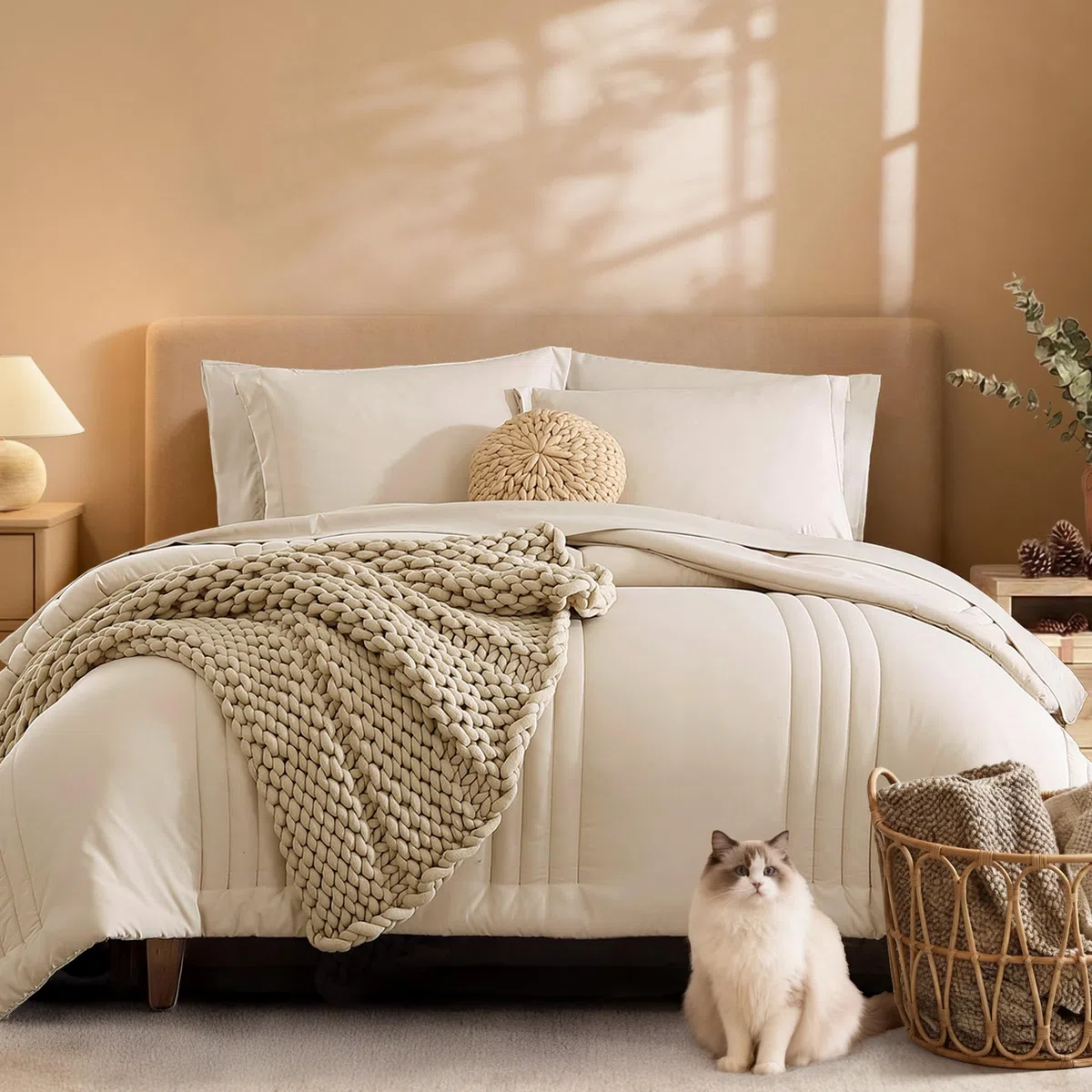 Monbix Juego de edredón tamaño Queen, Juego de Ropa de Cama Queen de 7 Piezas, edredones para Todas Las Estaciones, Juego de Cama Esponjoso, Cama cálida en una Bolsa, tamaño Queen con sábanas (Beige