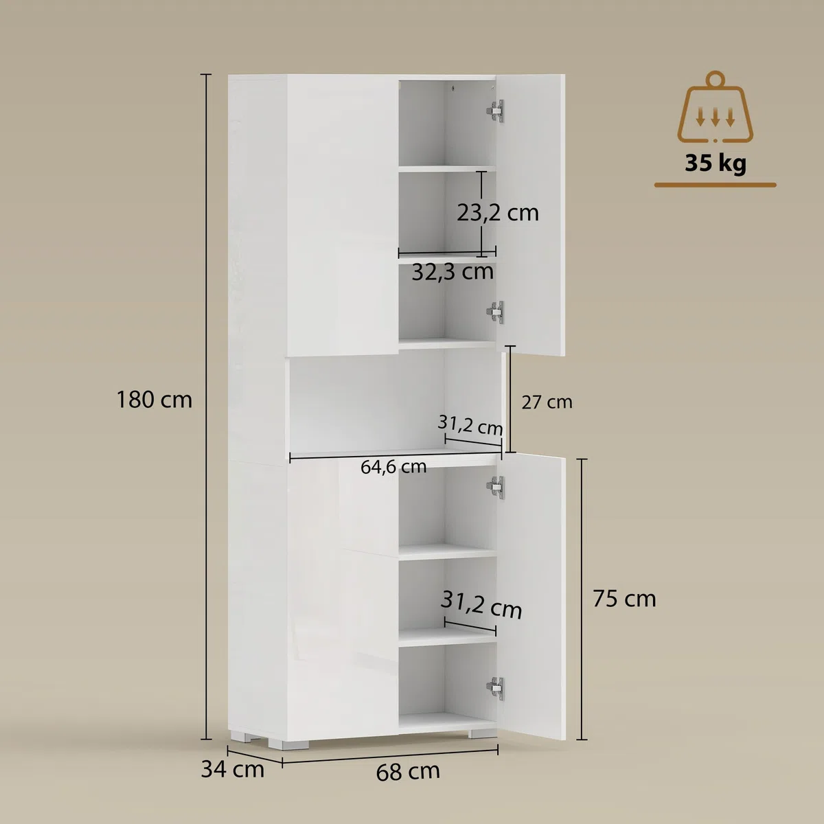 HOMCOM Alacena de Cocina, Mueble Auxiliar de Cocina de Blanco Brillo con 4 Puertas, Compartimento Abierto, Estantes Ajustables, 68x34x180 cm