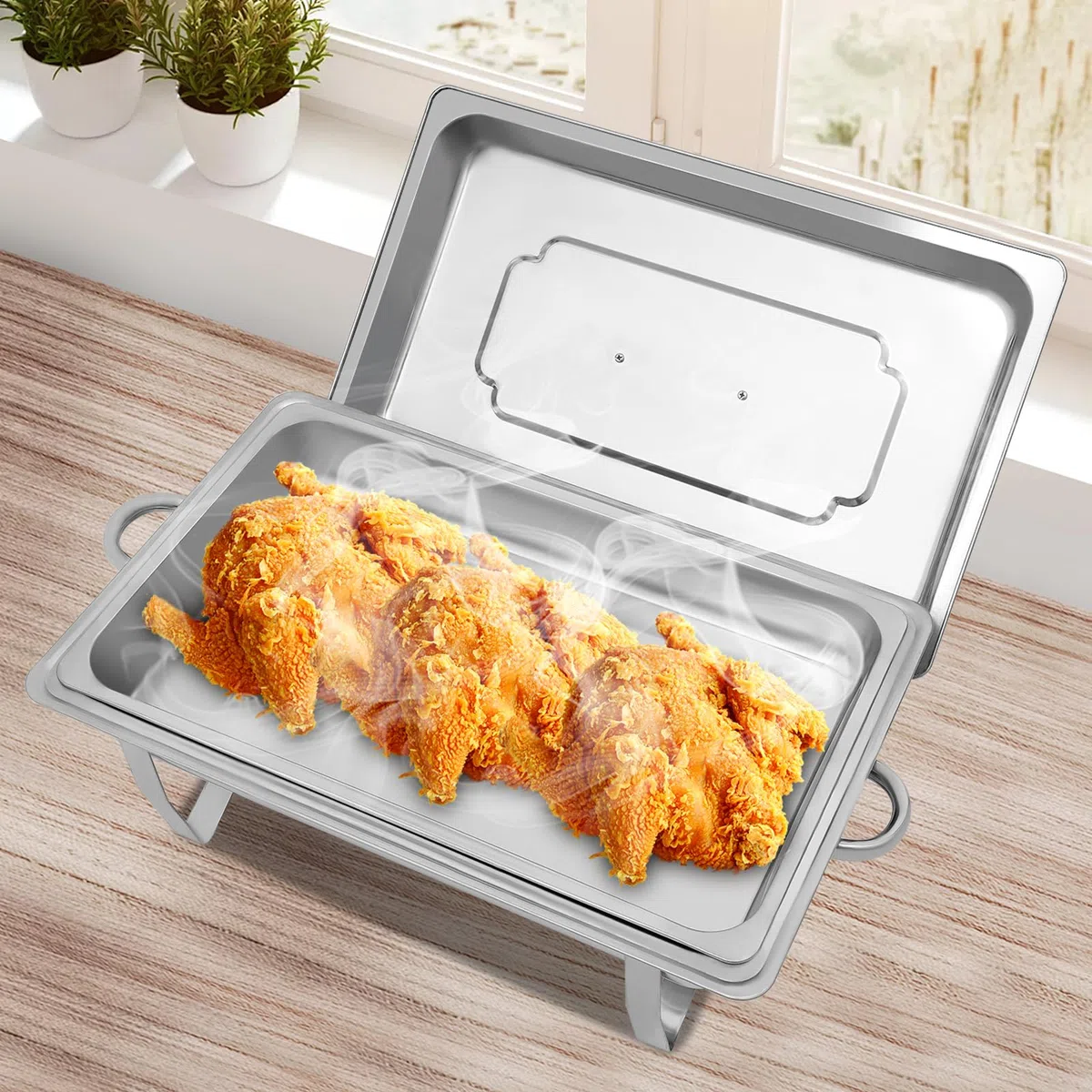 Chafing Dish Buffet Set Set 9L Acero Inoxidable Calentador, 62 x 34 x 31 Calientaplatos y Calentadores de Comida, Recipiente de calor, para Catering, Buffet, Fiesta, Boda, Plata