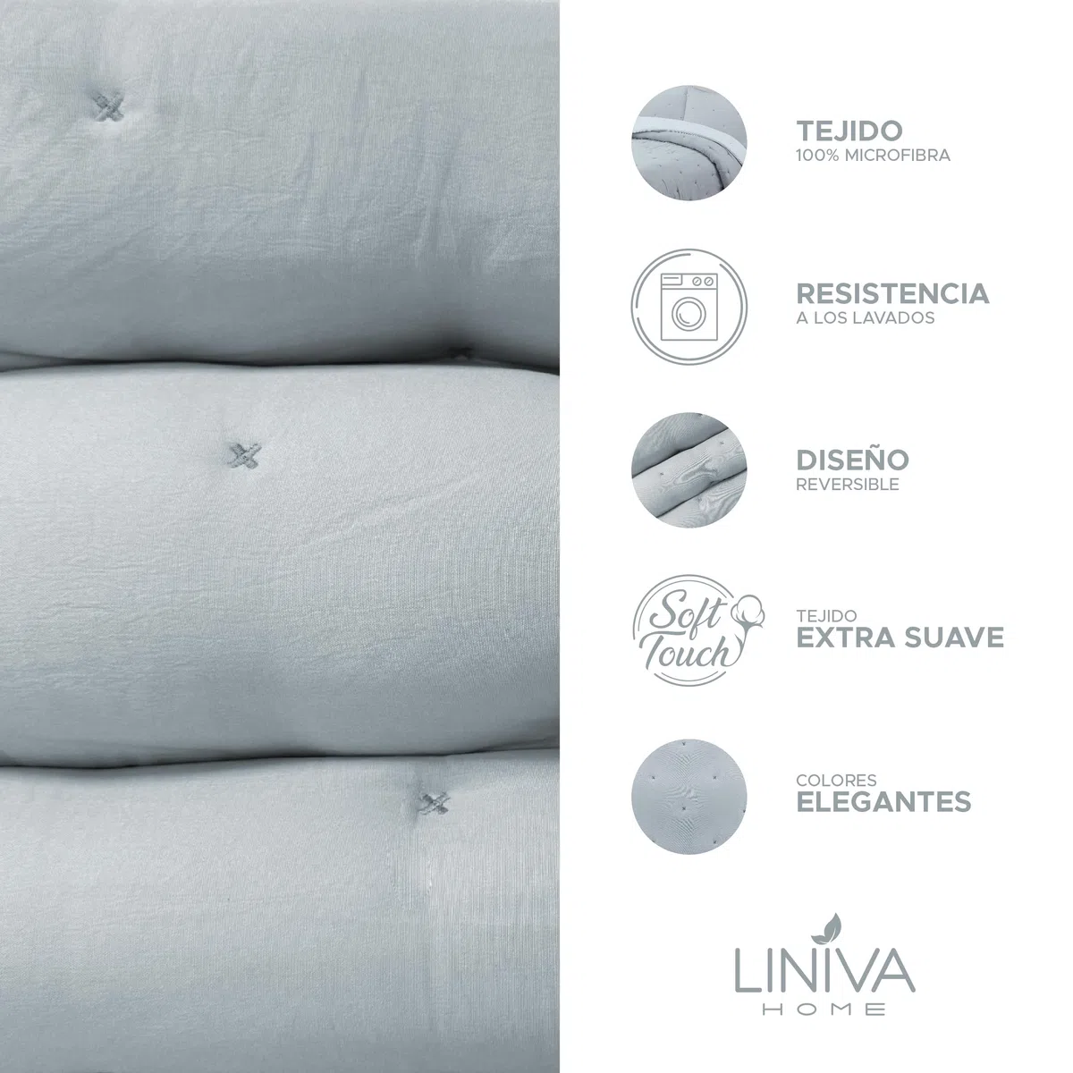 Liniva Home Comforter De Microfibra Reversible. Edredón 100% Microfibra Tacto Extra Suave - Modelo Zuri - Incluye Funda de Cojín. (Gris, Cama 135 cm)