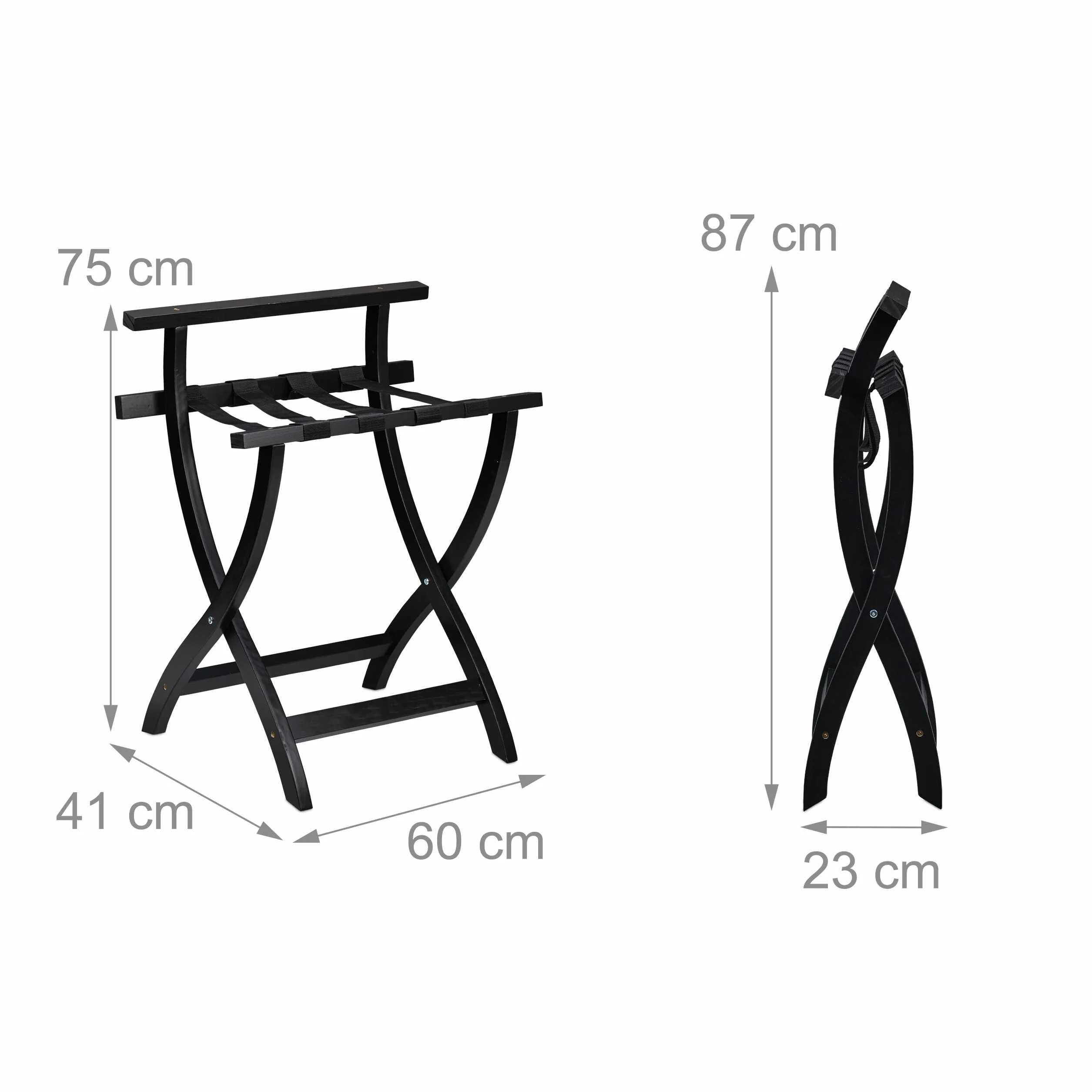 Relaxdays Soporte para Maletas, Plegable, Protección de Pared, Madera de Pino, 75x60x41 cm, Portamaletas Hotel, Negro
