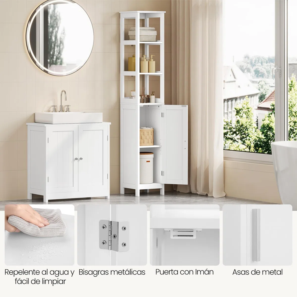 EUGAD Mueble de Baño, Armario Columna con Estantes Abiertos, Estanteria de Almacenaje, 30x30x163 cm, Mueble Auxiliar Estrecho para Baño, Sala de Estar, Estudio y Oficina, Blanco, 002WDG