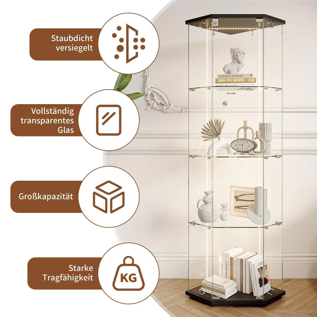 Vitrina de esquina con LED, vitrina de cristal de esquina, vitrina coleccionable con puerta, vitrina de cristal de 5 capas, resistente al polvo, para coleccionables, libros, vino, para salón