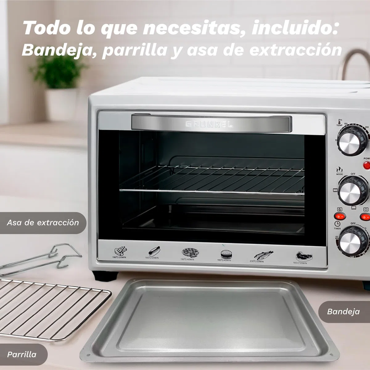 Grunkel Horno eléctrico multifunción de sobremesa de 28L con 3 funciones de calor y selector de temperatura hasta 230ºC. Temporizador hasta 60 min - 1600W