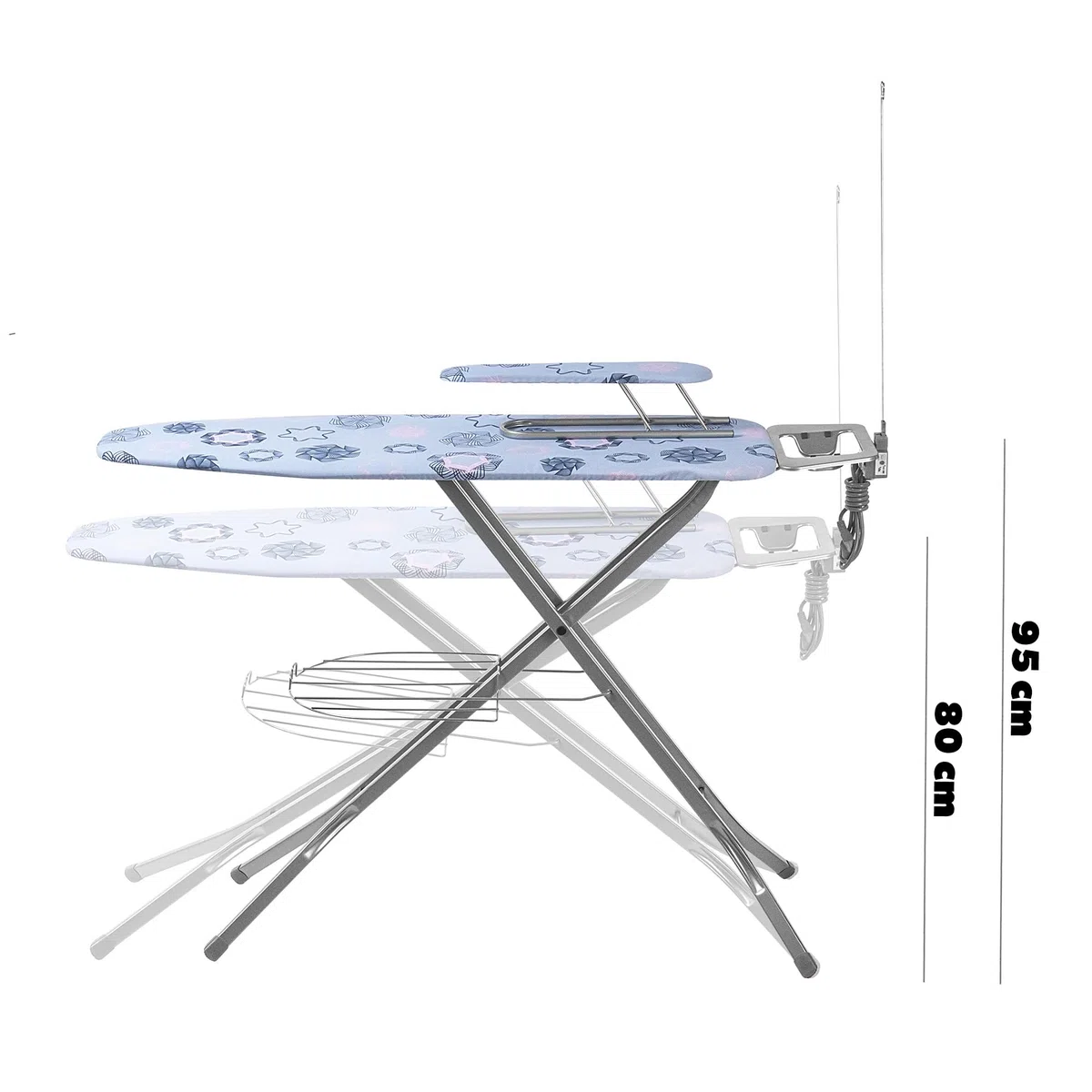 KADAX Tabla de Planchar de Acero con Funda de Algodón, Enchufe, Altura Regulable, Estante para Ropa y Soporte para Plancha, Mesa Plegable (Azul)