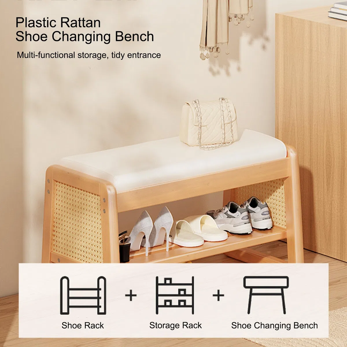 Banco Zapatero Entrada Recibidor con Asiento Banco Almacenaje Banqueta Dormitorio Banco Madera Banco Pie de Cama para Sala de Estar Pasillo(Off White,100cm/39.37in)