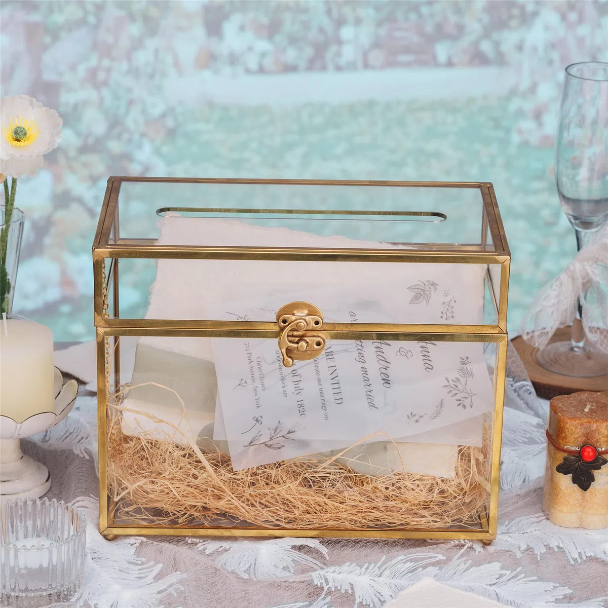 NCYP Caja de tarjetas de cristal de 25,4 cm Rectangular con forma de terrario, dorado con pie para recepción de boda, recuerdo de, centro de fiesta recipiente (solo caja de vidrio)