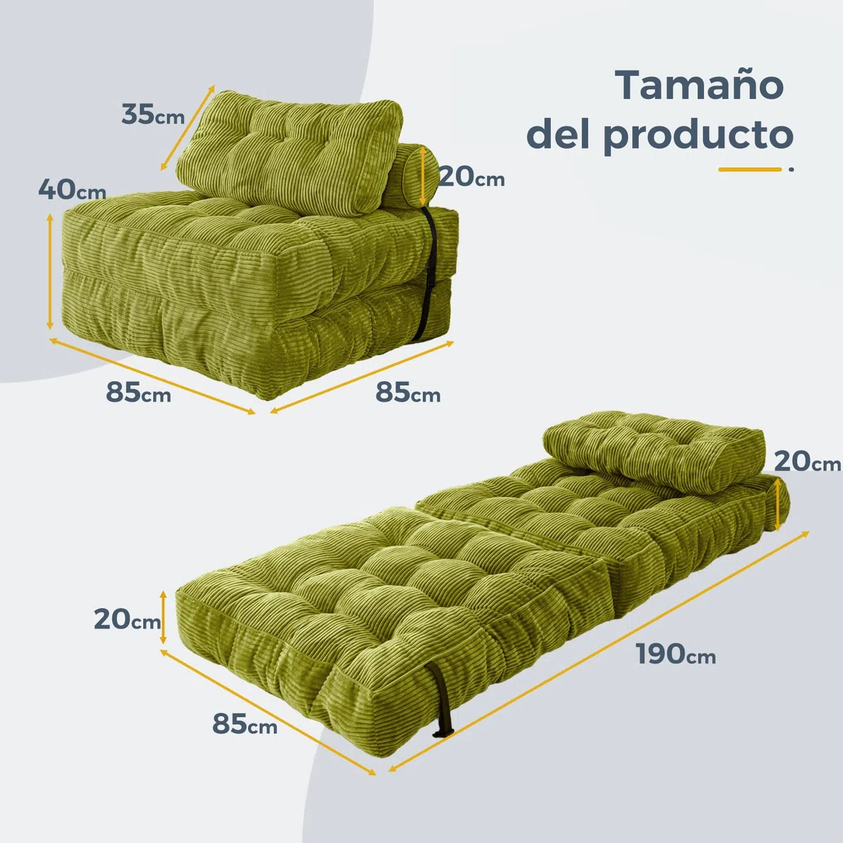 MAXYOYO Sofá cama plegable sofá cama convertible con cojines, colchón con respaldo, silla-cama portátil-Sofá de suelo cómodo para salón dormitorio, Verde