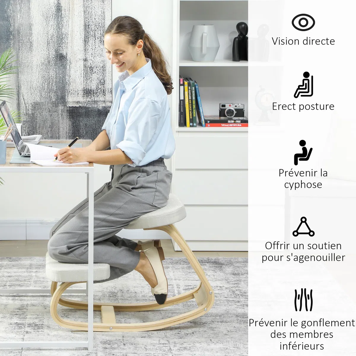 HOMCOM - Asiento de rodillas, asiento ergonómico de madera, mecedora, silla de rodillas, para oficina en casa, mejora la postura, dolor de espalda, crema