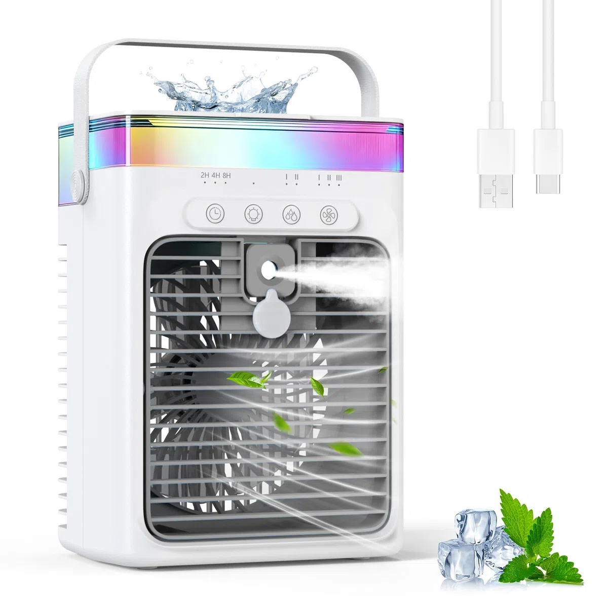 Aire Acondicionado Portátil, 3-en-1 Enfriador por Evaporación con 3 Velocidades y 2 Modos de Niebla, 1000ml Mini Aire Acondicionado, Ventilador USB con Luz RGB y Timer para Oficina Coche Camping