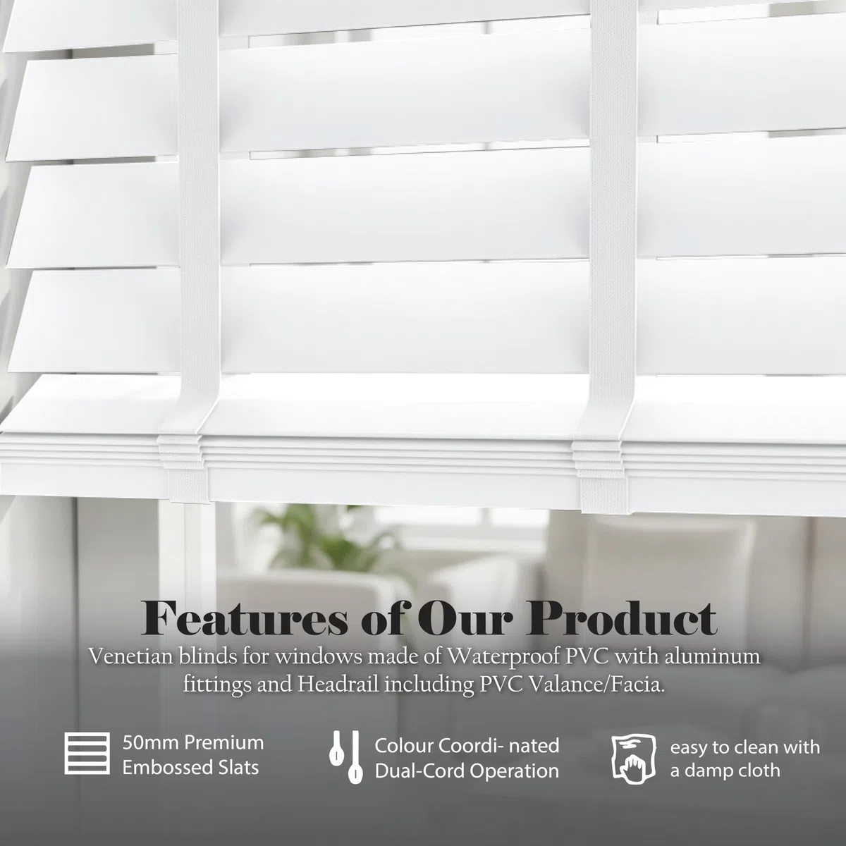 Home In Style 4U Persianas venecianas de madera sintética para ventana, persianas venecianas de fácil ajuste, seguras para niños, cortables, listones de 50 mm con riel de aluminio (blanco con cinta