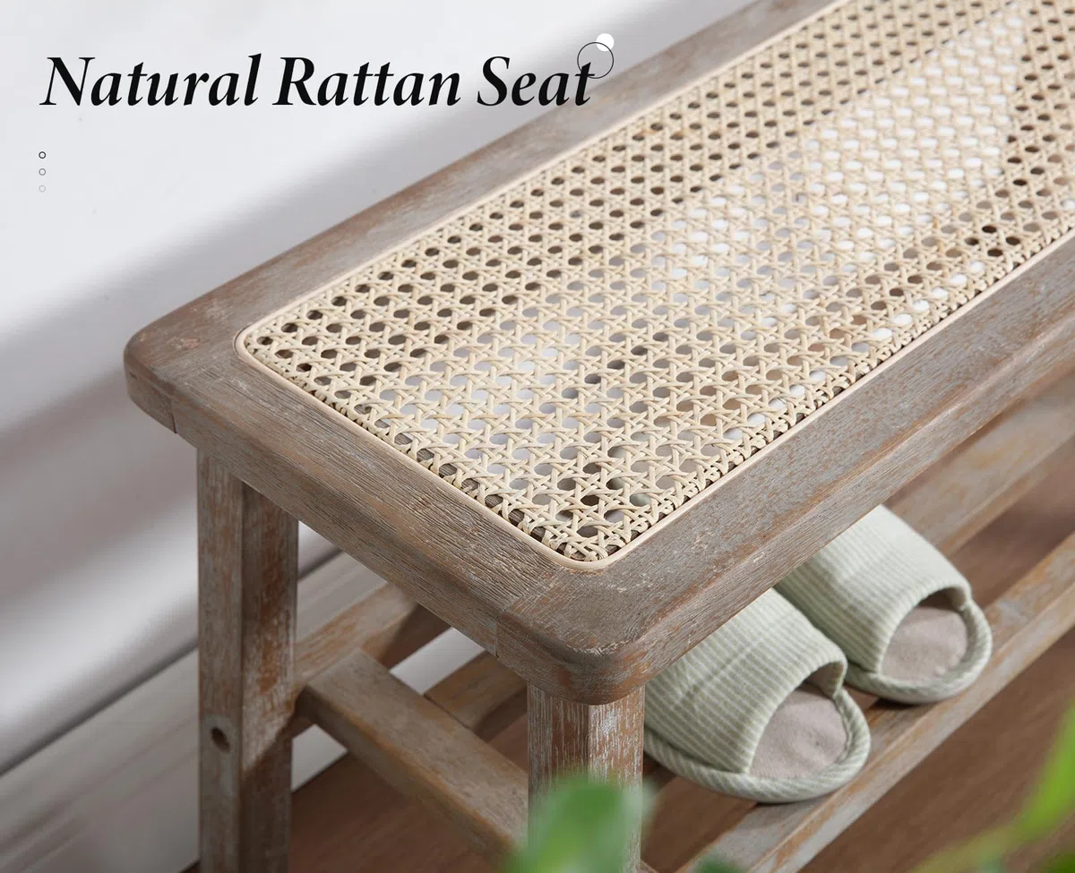 Wahson Banco de Entrada Recibidor Banco de Madera Interior Rústico,Banco Otomano de Vestidor Banco Zapatería de Puerta Banco de Rattán para Salón/Dormitorio,Beige