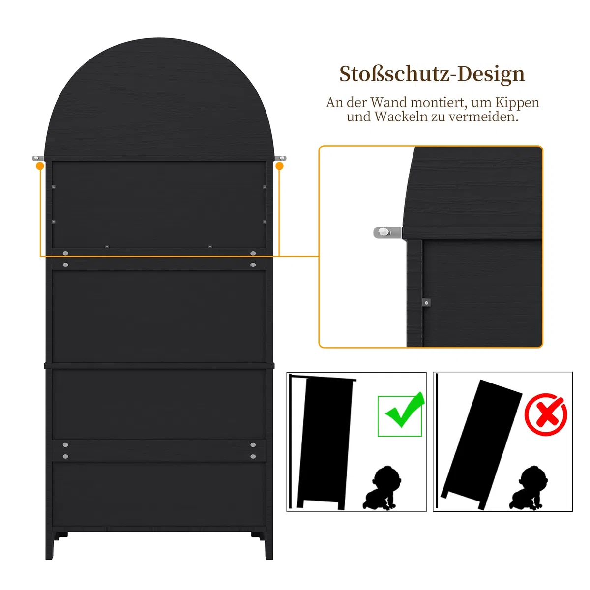 Merax Armario alto de 180 cm, armario multiusos con 2 puertas, 3 cajones, armario de almacenamiento abierto, armario de vitrina para salón, oficina, cocina, armario de cocina de arco alto, color negro