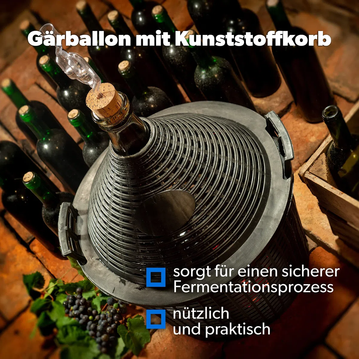 KADAX - Globo de Cristal con Cesta de plástico, tapón de Goma, Abertura Estrecha, Botella de Vino, Botella de Cristal, gallón, Recipiente de fermentación, Cristal y plástico, Gris, 54L