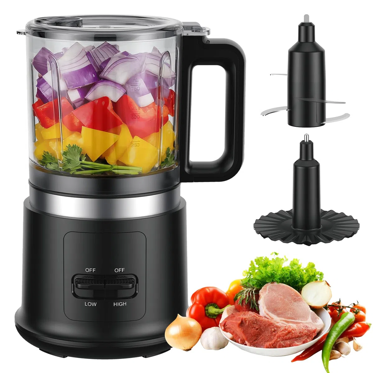 Picadora Eléctrica - 400W Robot de Cocina Multifunción con 2 Velocidades, 4 Cuchillas Bilevel Acero Inox y Varilla Batidora - Recipiente 0.95L para Picar, Mezclar, Emulsionar y Triturar