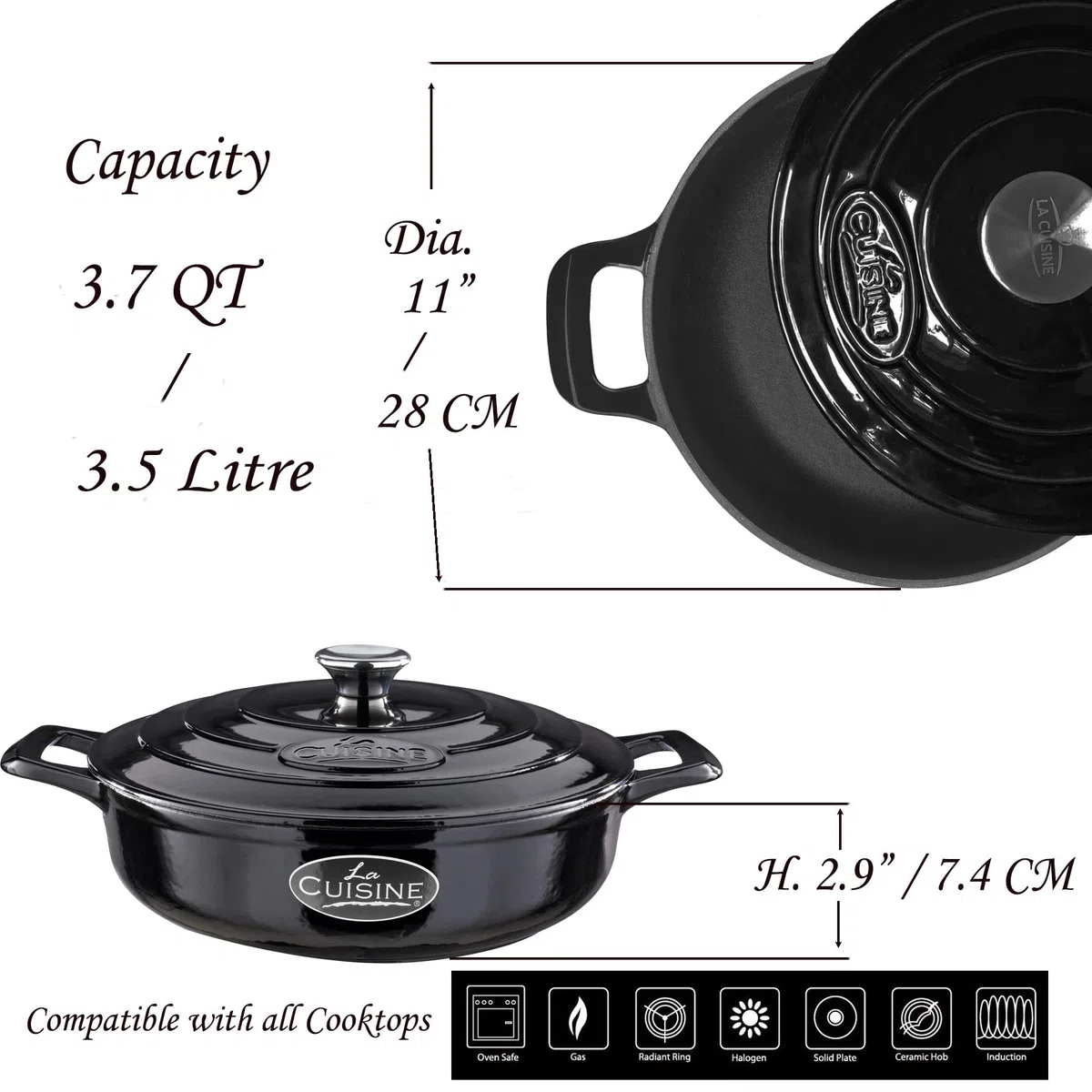 La Cuisine Cacerola de hierro fundido esmaltado con tapa, 28 cm de diámetro. Revestimiento interior de esmalte negro mate, acabado exterior de esmalte negro brillante. Apta para horno.