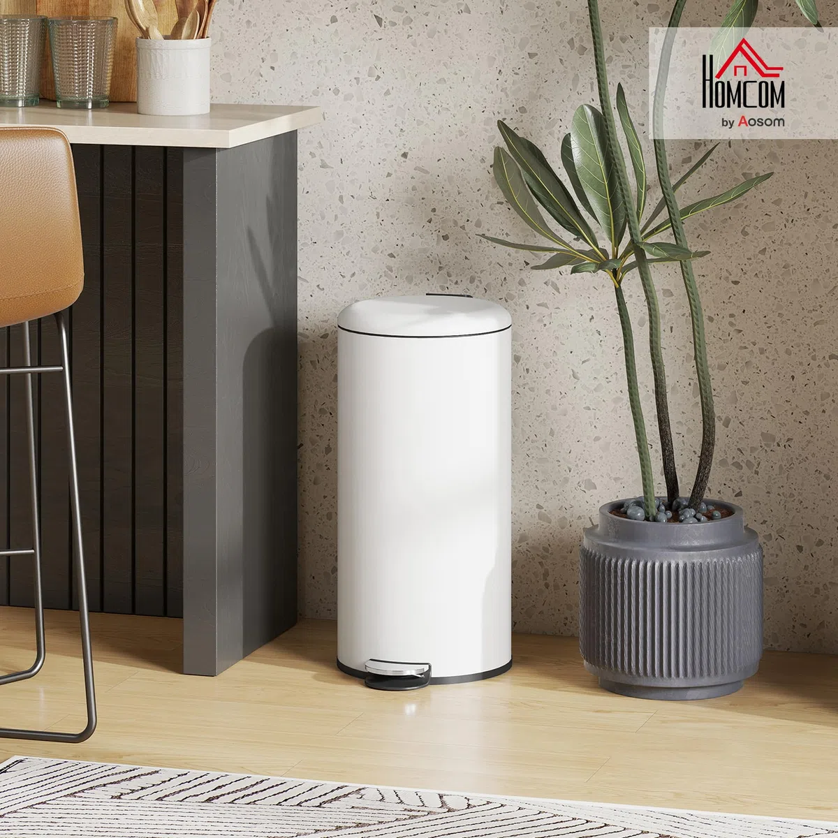 HOMCOM Cubo de Basura para Cocina 30L Papelera de Cocina con Pedal Tapa de Cierre Suave y Cubo Extraíble para Dormitorio Oficina Estudio Salón Crema