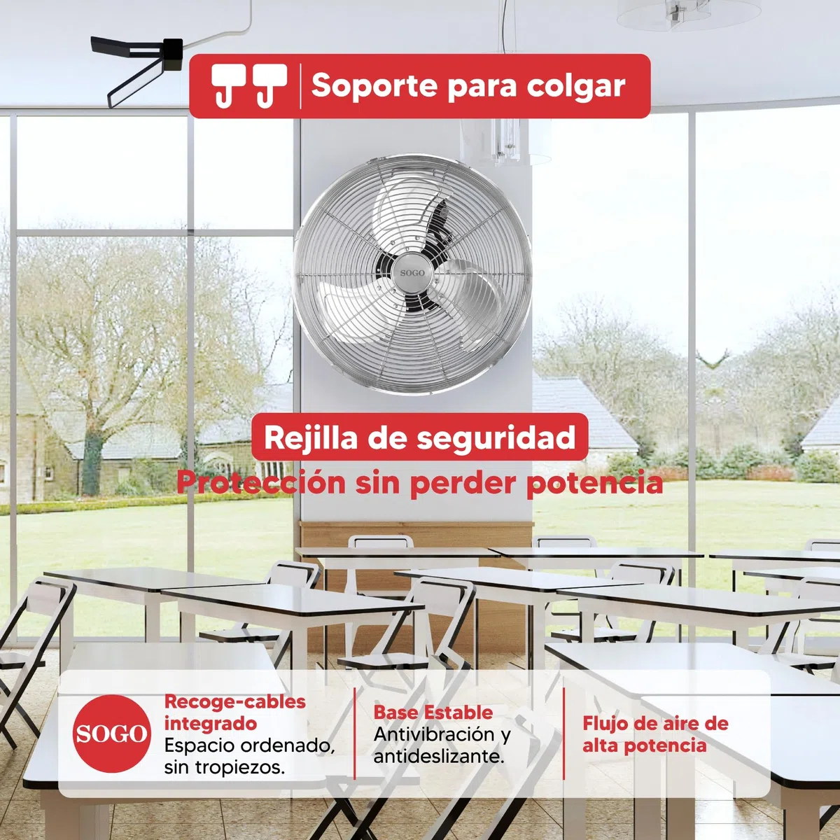 SOGO Ventilador Potente Industrial de Suelo Inclinable - Ventilador para Suelo y Sobresuelo con 3 Velocidades y Aspas Metálicas - Incluye Base con Tacos de Goma para Proteger Superfícies