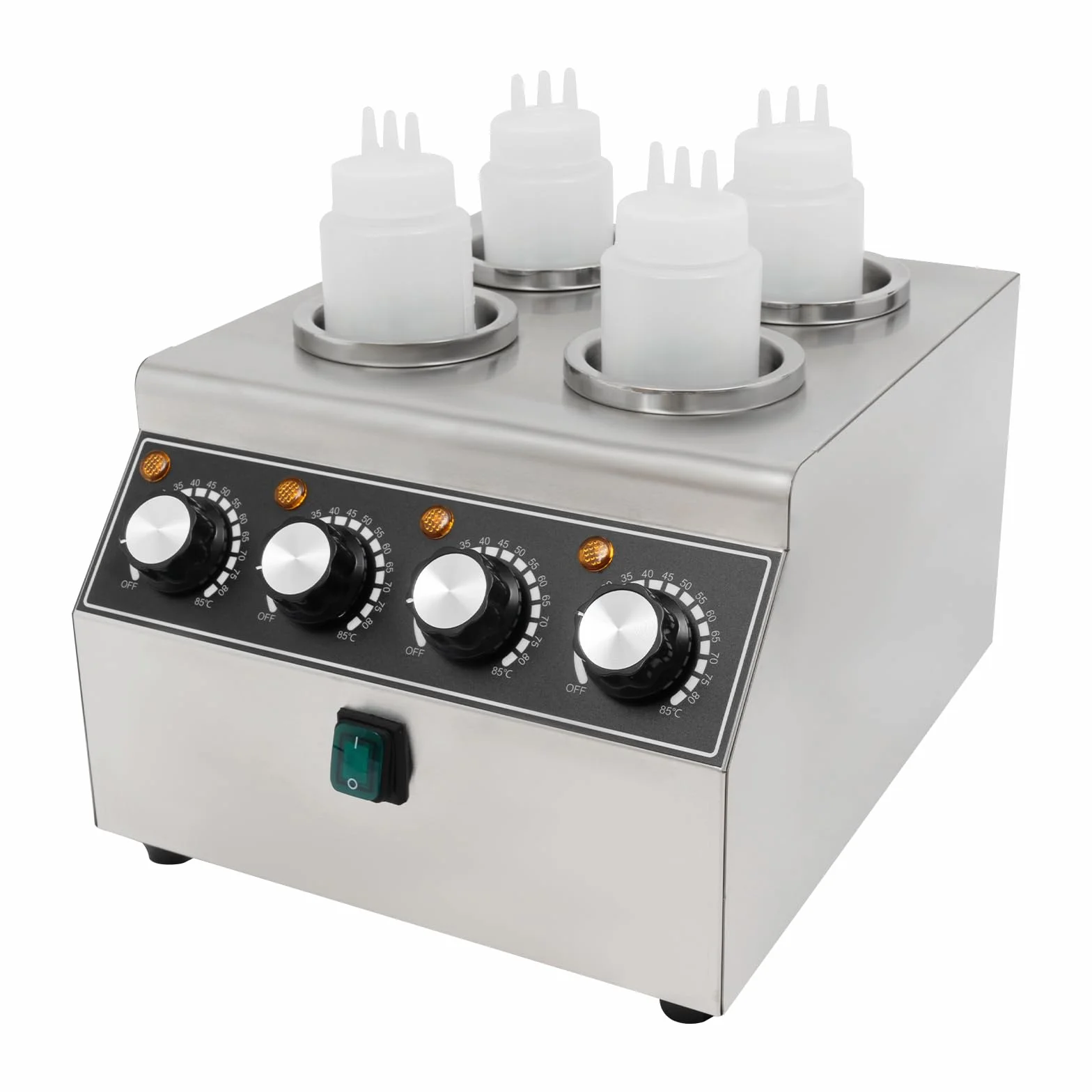 Calentador de salsas eléctrico, 800 W, con 4 botellas de PVC, máquina de calentamiento de salsas de acero inoxidable, 30-85 ℃, para mantener diferentes salsas calientes