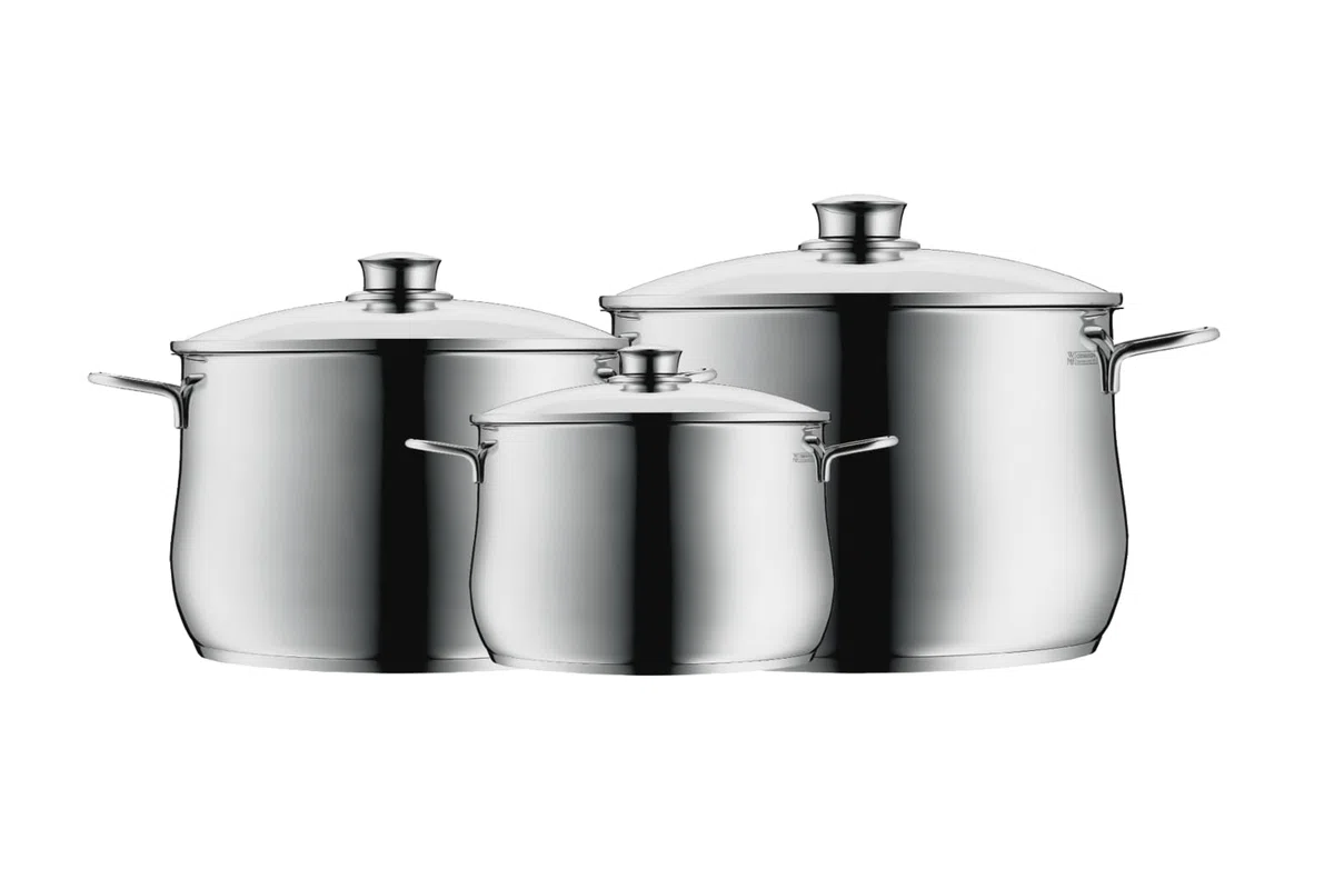 WMF Diadem Plus - Batería de Cocina 6 Piezas, 3 Cacerolas Altas de 16 cm, 20 cm y 24 cm con 3 Tapas de Cristal, Acero Inoxidable Cromargan Apto para Inducción
