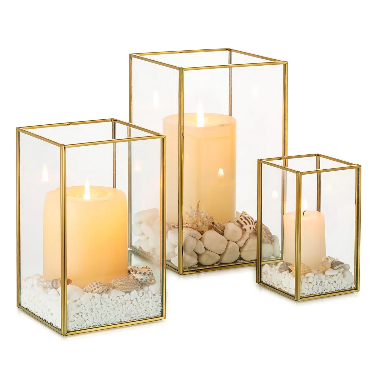 NUPTIO Huracán Candelabros de Vidrio - 3 Piezas Oro Linterna Templado Chimenea Vidrio Velas Conjunto Al Aire Libre Cuadrado Decorativo La Boda Navidad Adornos Halloween Sala Estar Mesa Chimenea