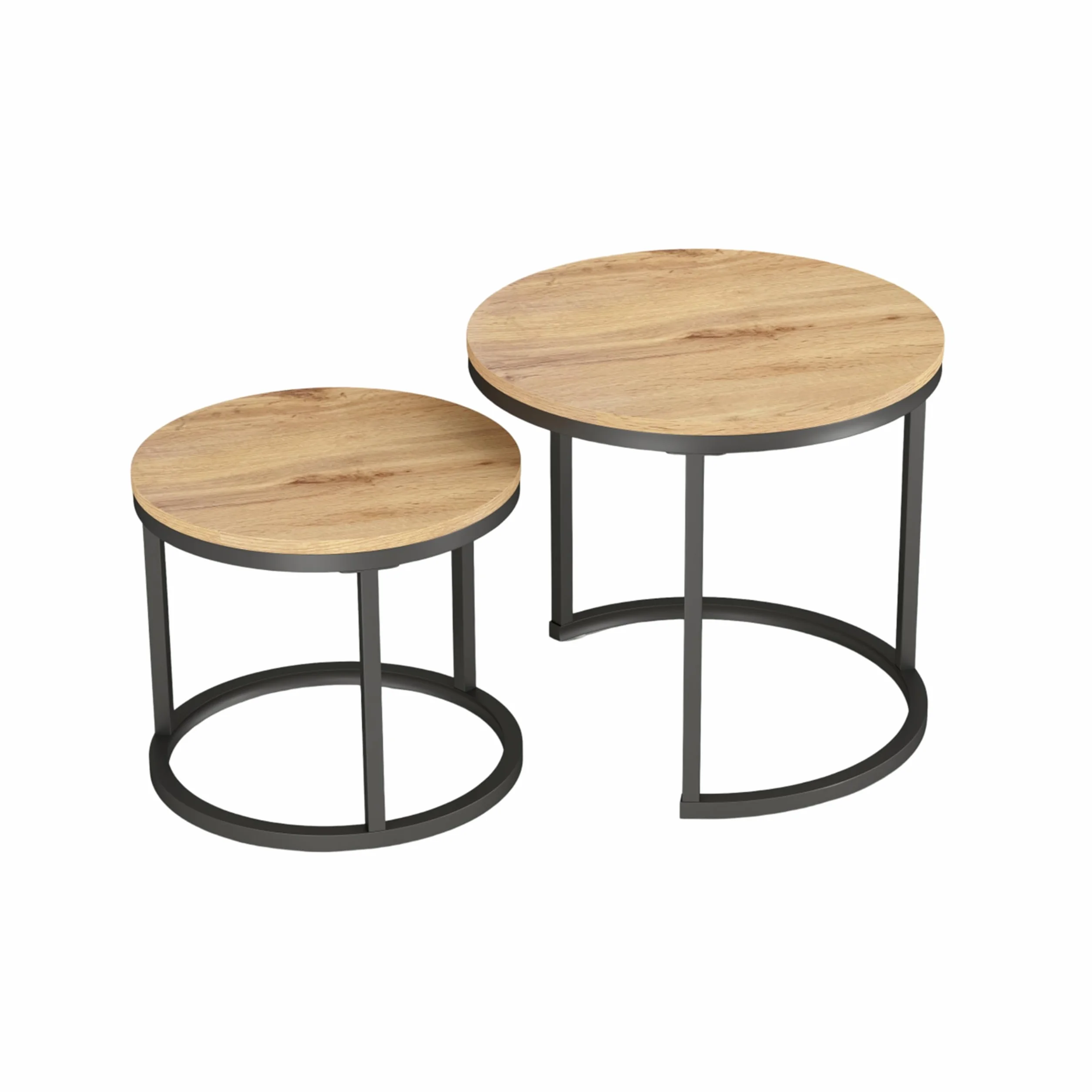 Juego de 2 Piezas para Mesa Auxiliar Sofa, Mesa Centro Madera con Marcos Negros, Mesa de Centro Redonda con Efectos de Grano de Madera, Mesas de Centro Pequeñas Modernas