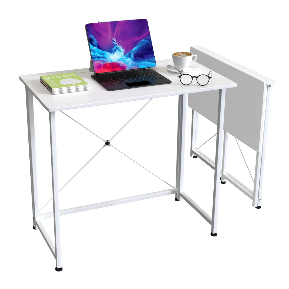 Mesa Plegable Portatil Escritorio Blanco Mesa Escritorio Ordenador de Oficina Mesas Plegables Cocina Mesa Abatible de Madera y Acero Mesa de Trabajo 80x45.5x74 cm Mesa de Estudio Puesto de Trabajo