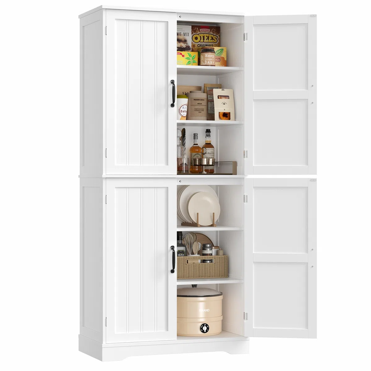 HOCSOK Armario de cocina, armario alto de 180 cm, armario buffet con 4 puertas, armario comedor para salón, cocina, 180 × 80 × 40 cm, color blanco