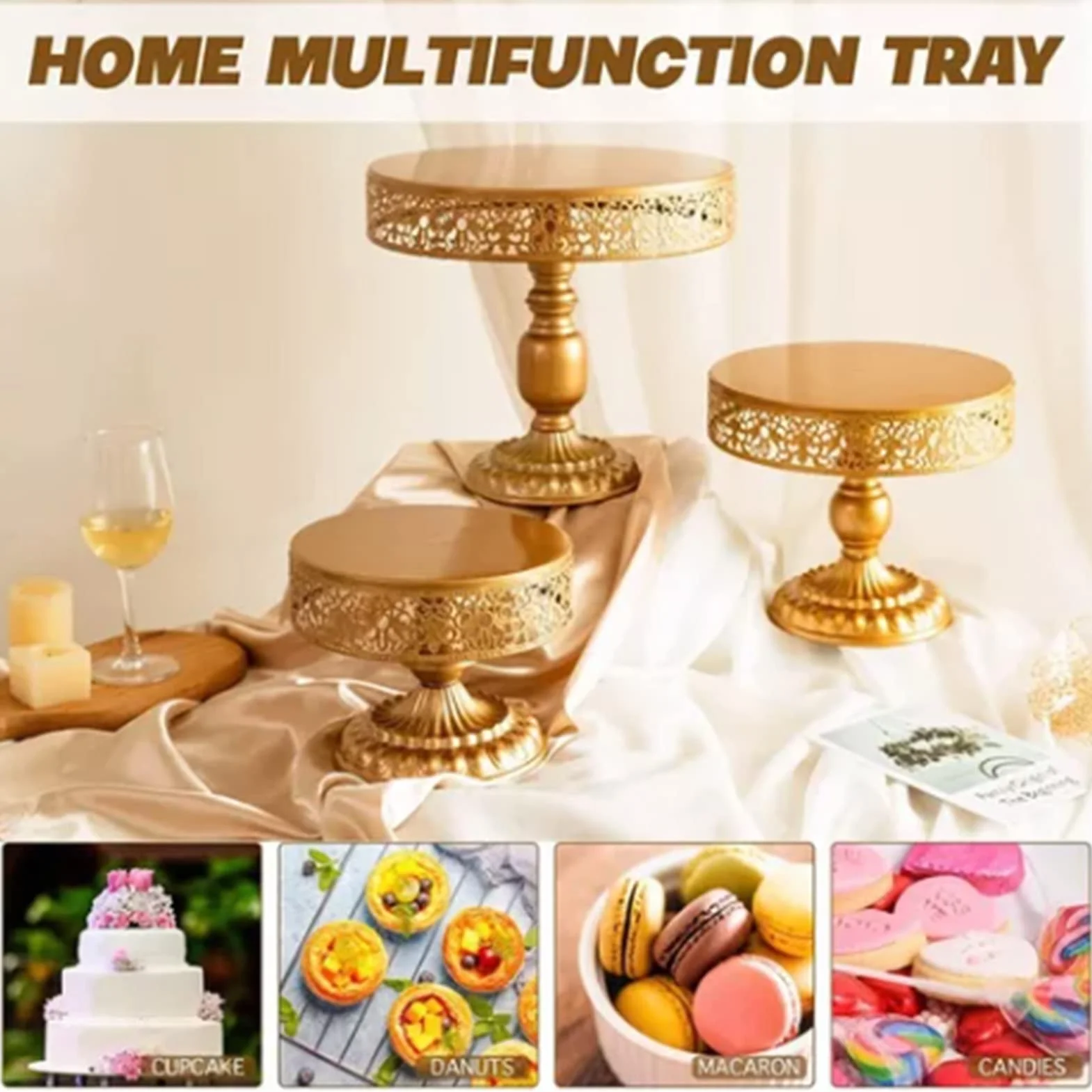 Soporte para Tartas Dorado, Juego de 3 Soportes para Tartas de Metal, Soportes para Postres, Soportes para Magdalenas, Soporte Redondo para Magdalenas para Tartas de Navidad,