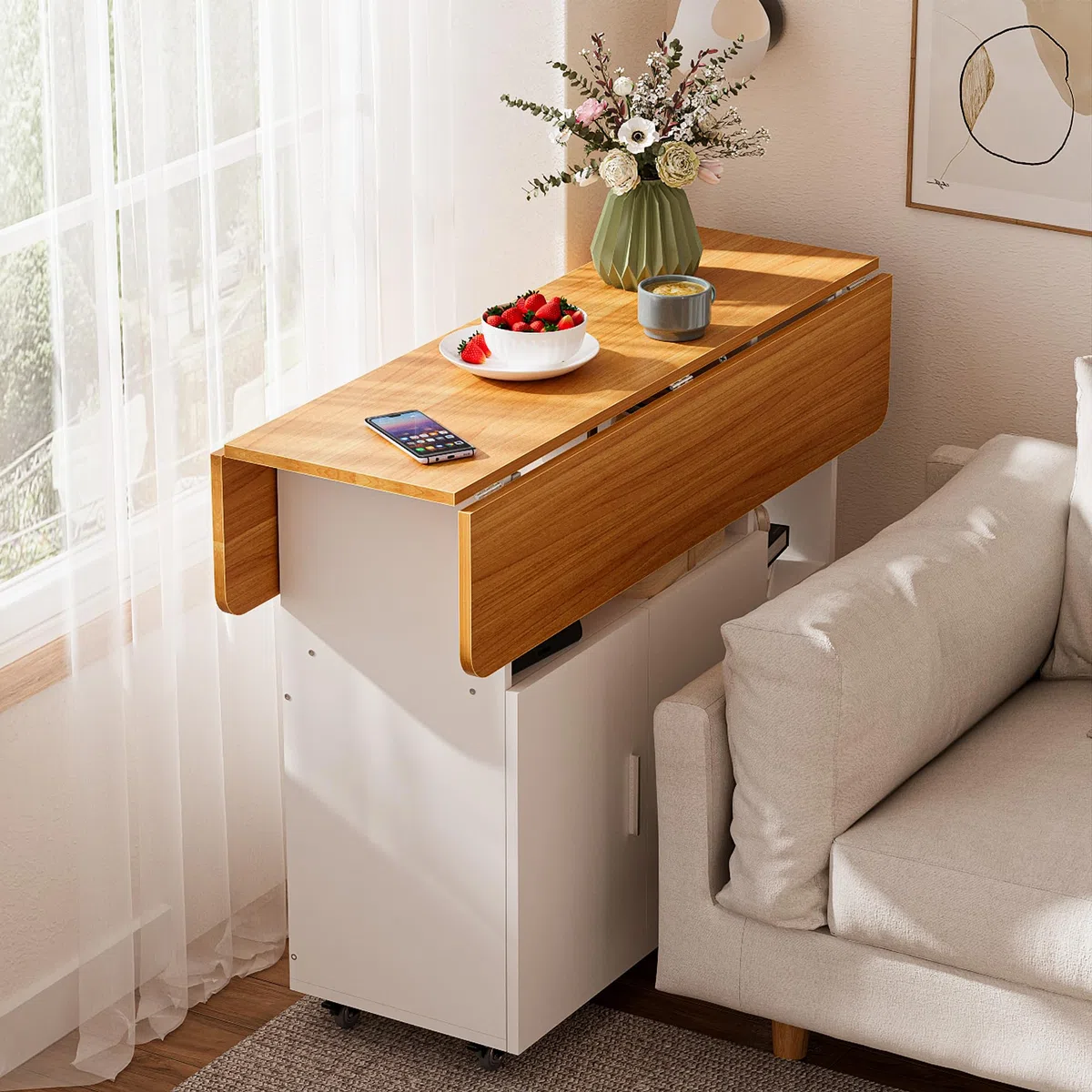 Mesa de Comedor Plegable Mesa de Cocina con Ruedas 1 Armario Grande y 3 Compartimento Abierto Aparador móvil Mesas para Espacios pequeños Comedor Cocina 100 x 70 x 79 cm Naranja y Blanco
