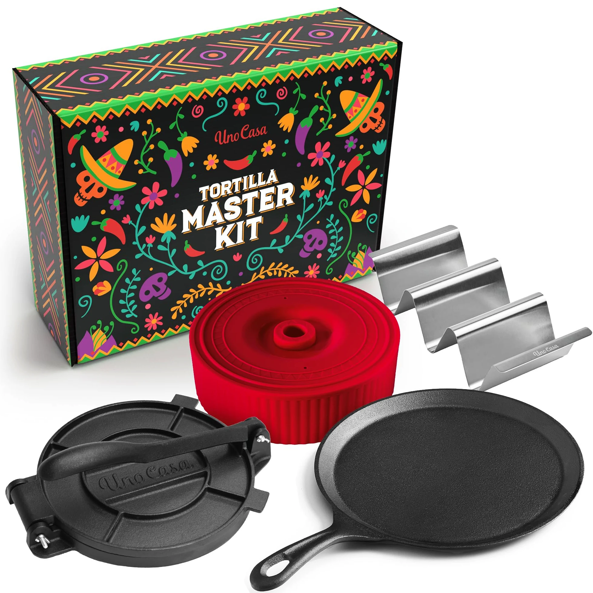 Uno Casa - Master Kit - Prensa de tortillas de 8 pulgadas con bandeja para comal, 4 soportes para tacos y calentador de tortillas, regalo único para amigos o familiares