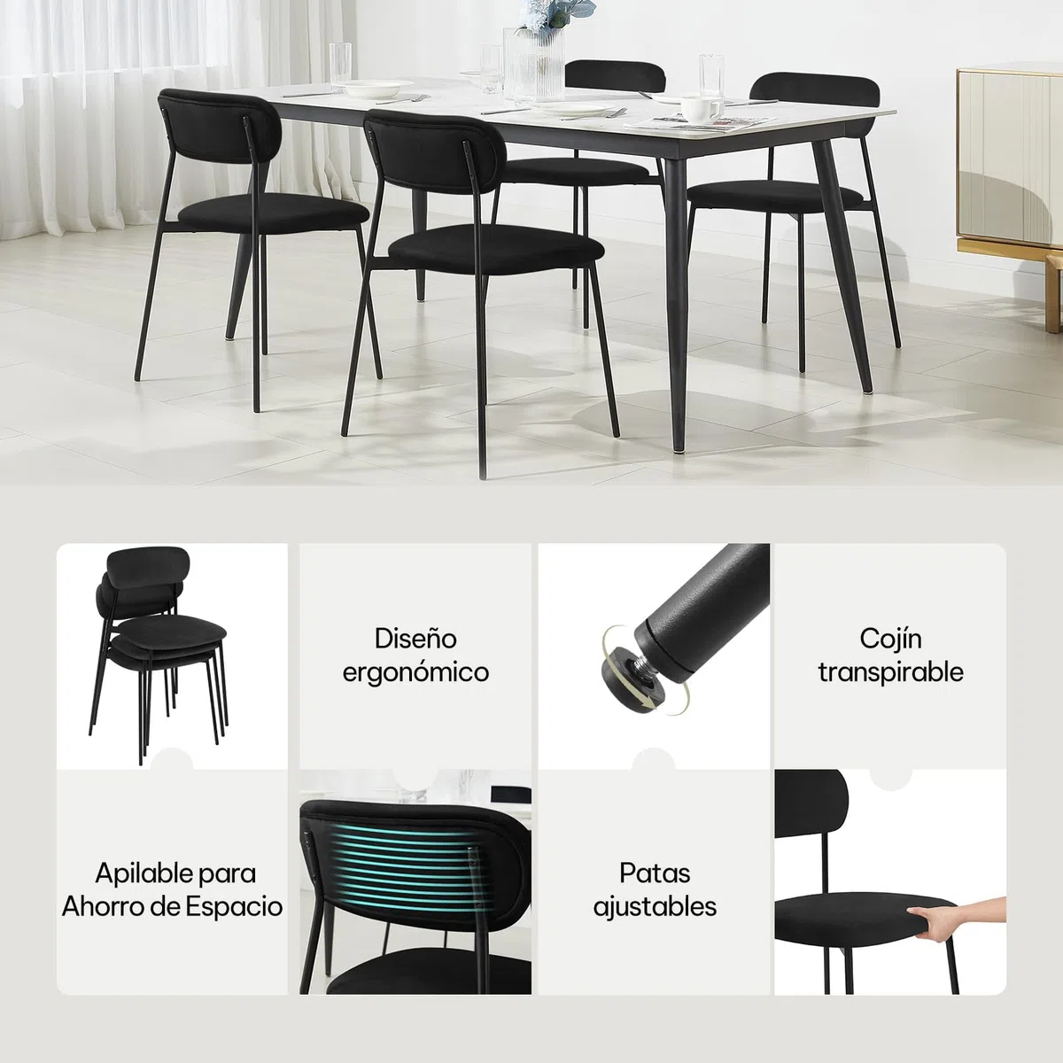 Lestarain 4X Sillas Comedor con Respaldo, Sillas Cocina con Asiento Tapizado, Sillas Modernas para Dormitorio, Salón y Cocina, Sillas Comedor Nórdicas, Terciopelo, Negro