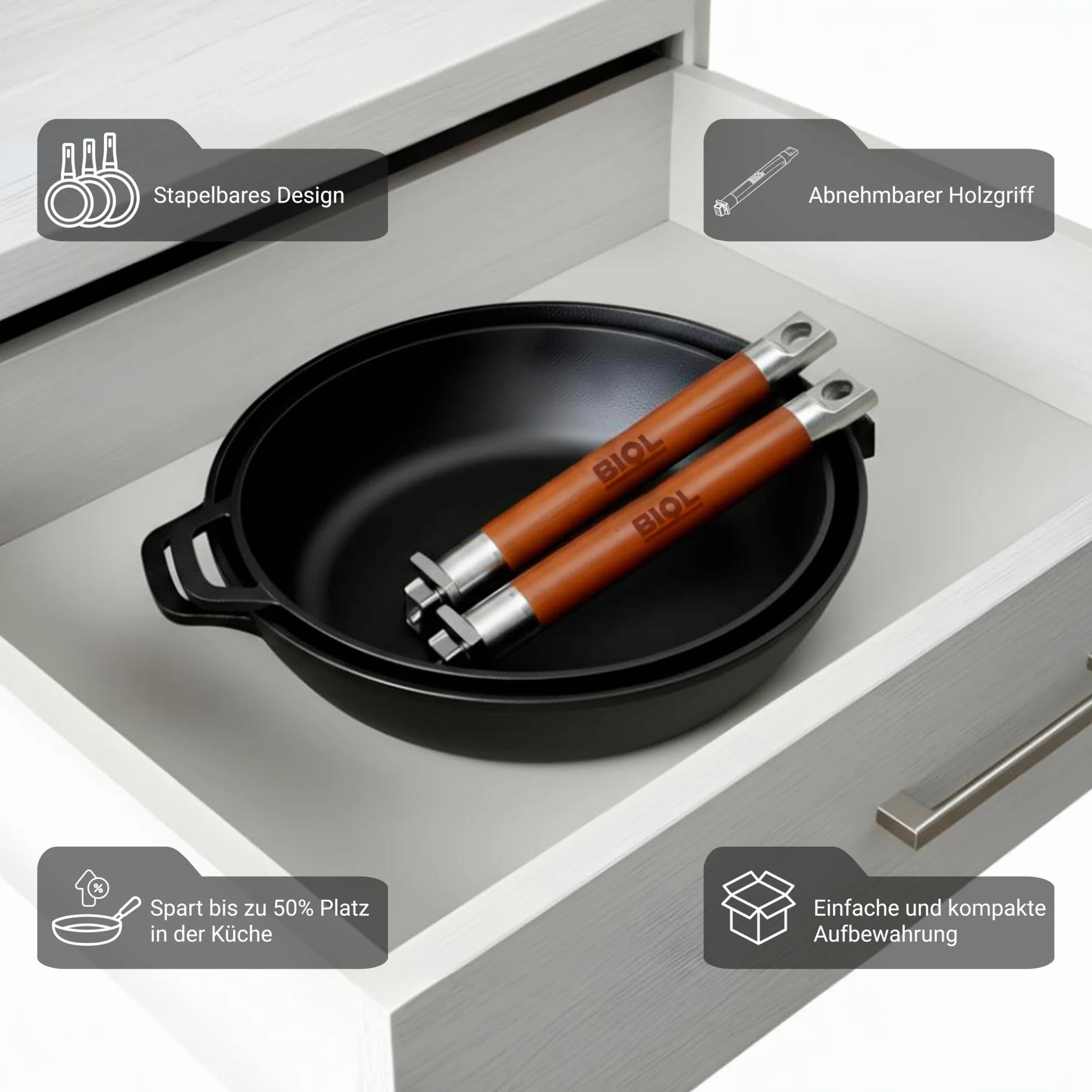 BIOL Sarten Hierro Fundido 28 cm - Sartén Antiadherente para Cocina Inducción, Mango de Madera Desmontable Ergonómico, sin Tapa, Apta para Gas, Vitrocerámica, Horno y Barbacoa, Cocina Saludable | Mango de madera desmontable, sin revestimiento, apto para h