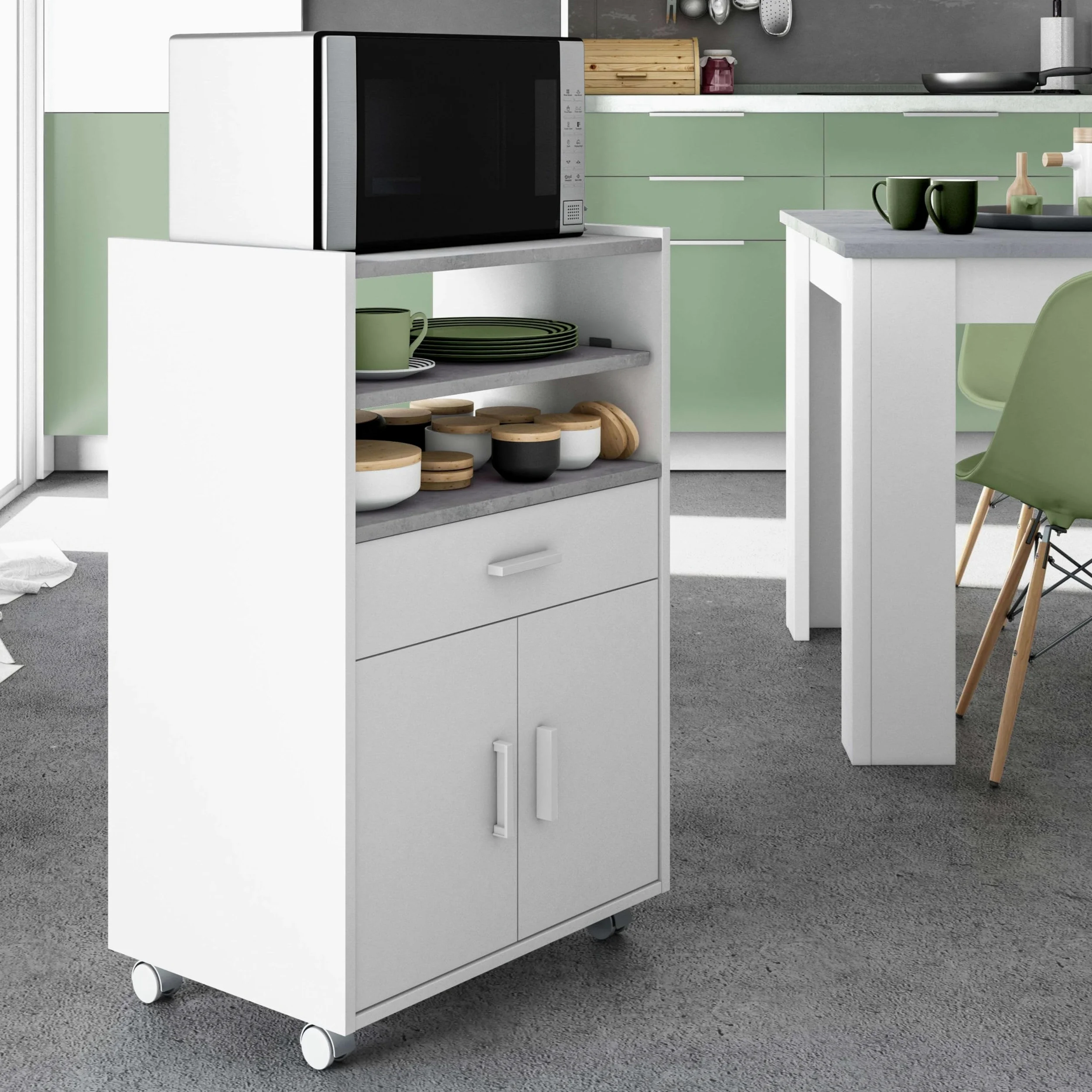 Habitdesign Mueble microondas Cocina Color Blanco y Cemento 1 cajón 2 Puertas 92x59x40 cm