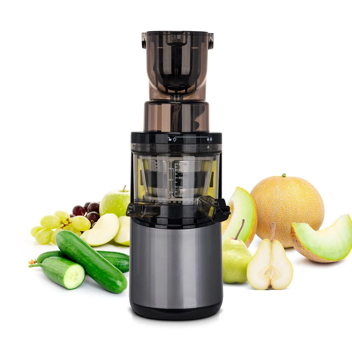 Extractor de jugo BioChef Atlas Whole Slow Juicer PRO – Potente motor 350 W y 40 rpm | Gran apertura 8 cm x 8 cm | Versátil: jugo, sorbets, mantequillas de nuez (plateada)