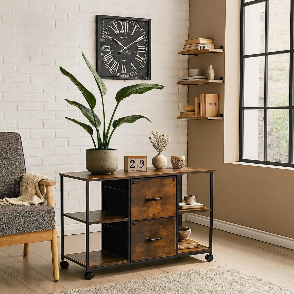 Relaxdays Mueble Impresora, con Ruedas, 2 Cajones, 4 estantes, Archivador Colgante, 67 x 100 x 40 cm, Marrón y Negro