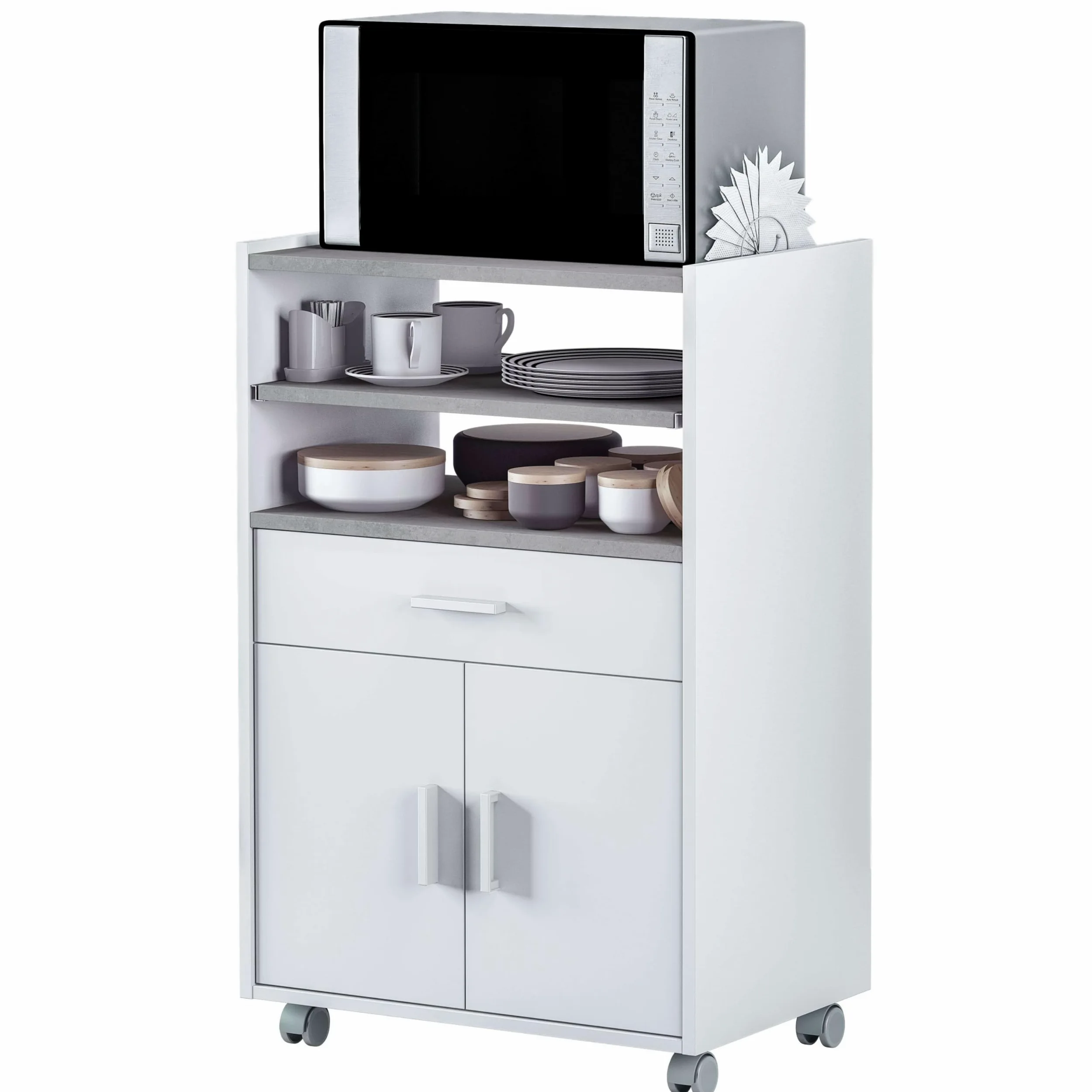 Habitdesign Mueble microondas Cocina Color Blanco y Cemento 1 cajón 2 Puertas 92x59x40 cm
