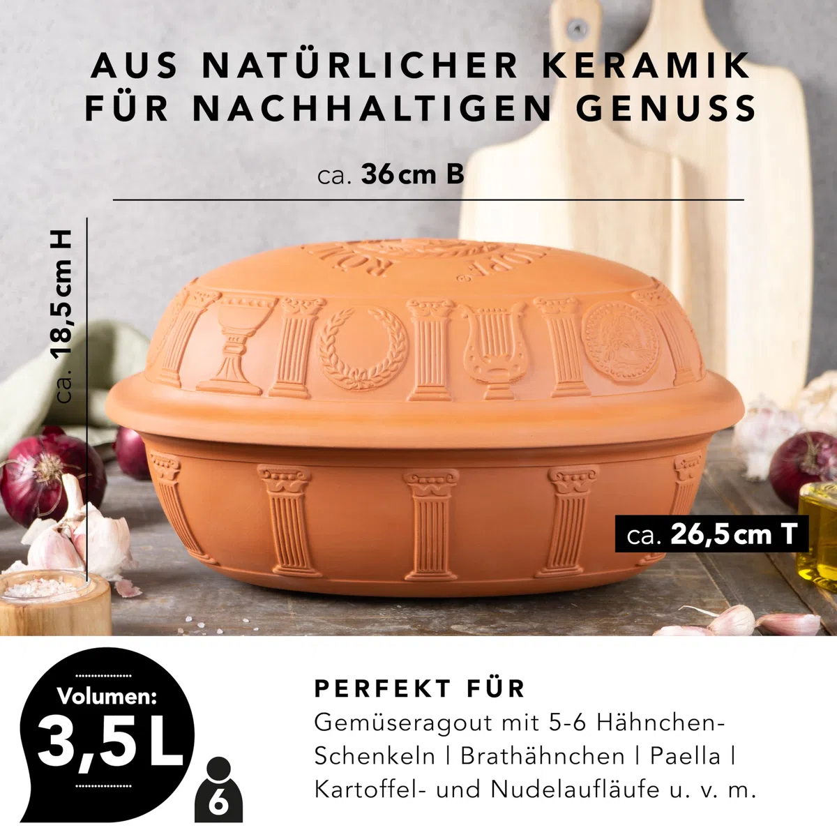 Römertopf JUBILÄUM - Cacerola para 6 personas (3,5 L, con tapa de cerámica, para guisar, asar y cocer al vapor, apta para horno