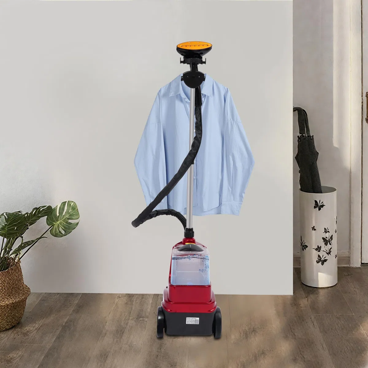 Plancha de vapor vertical de 2500 W (70 g/min), depósito de agua de 3 litros y altura ajustable (0,8 – 1,8 m), cepillo de vapor de 3 niveles con tiempo de calentamiento de 50 segundos, vapor rojo